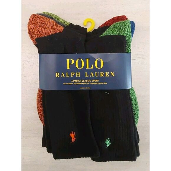 Ralph Lauren Mens Classic Sport Cushioned Crew Socks Black Multicolored Sz 10-13 - Picture 2 of 5